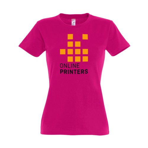 T-shirt da donna fucsia in cotone con maniche corte.