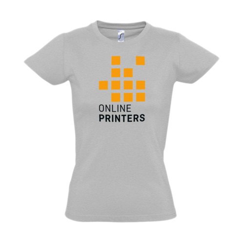 T-shirt grigia da donna in cotone a maniche corte.