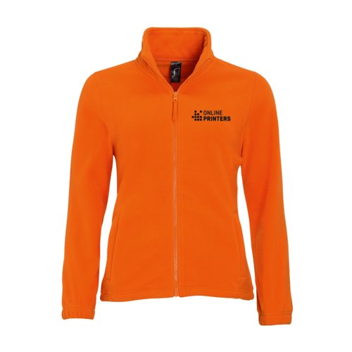 Giacca in pile di poliestere arancione da donna con zip integrale.