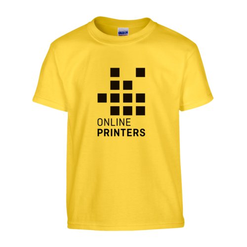 T-shirt gialla in cotone, taglio unisex, con maniche corte.