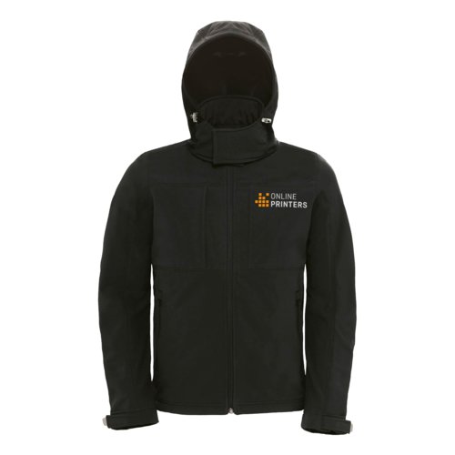 Giacca softshell con cappuccio, cerniera e diverse tasche.