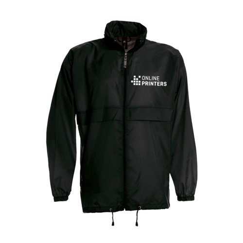 Giacca a vento nera in nylon con zip integrale.