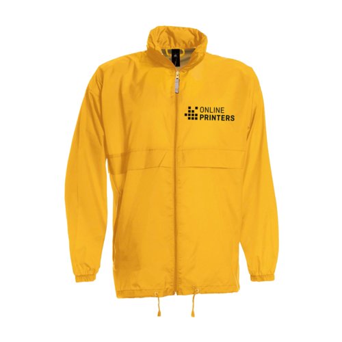Giacca a vento in nylon giallo dorato con zip e cappuccio.