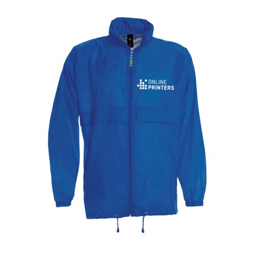 Giacca a vento blu in nylon con cappuccio e cerniera.