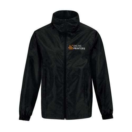 Giacca a vento nera in materiale leggero con zip integrale.