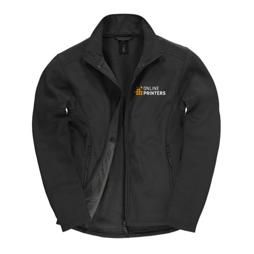 Giacca softshell nera con zip integrale e tasche laterali.