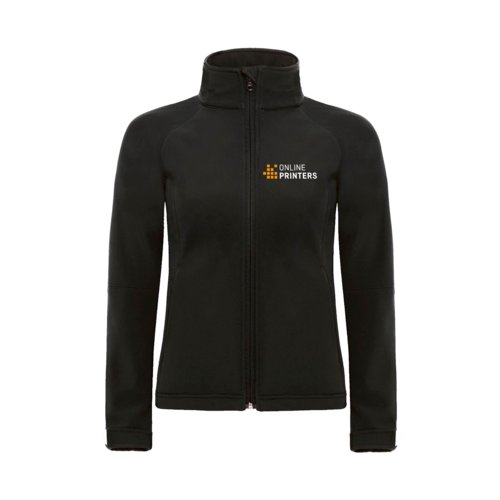Giacca softshell nera con zip integrale e collo alto.