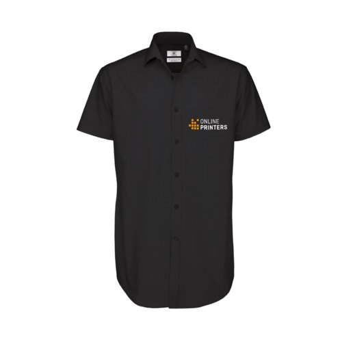 Camicia nera a maniche corte con colletto e abbottonatura.