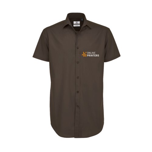 Camicia a maniche corte marrone scuro in cotone con elastan e abbottonatura.