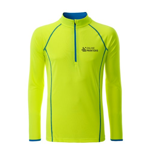Maglia a maniche lunghe in poliestere giallo neon con cerniera corta.