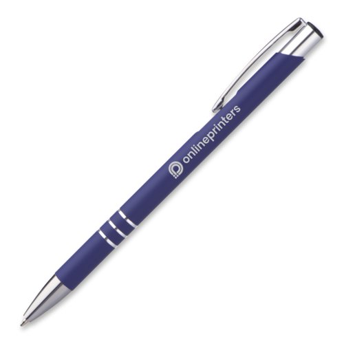 Penna a sfera in metallo blu con clip e pulsante.