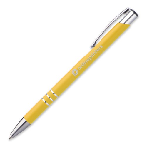 Penna a sfera in metallo giallo con clip e pulsante.
