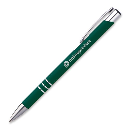 Penna a sfera in metallo verde con clip e pulsante.