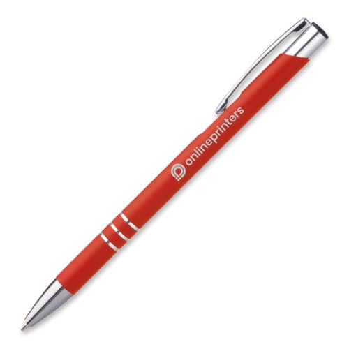 Penne a sfera in metallo rosso con clip e pulsante.