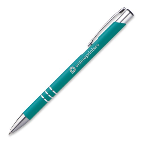 Penna a sfera in metallo turchese con clip e pulsante.