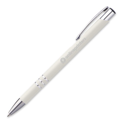 Penna a sfera in metallo bianco con clip e pulsante.
