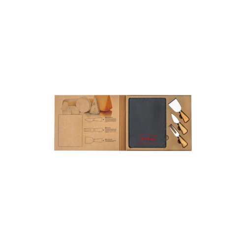 Set formaggio in ardesia grigia con manici in legno, composto da tagliere e coltelli.