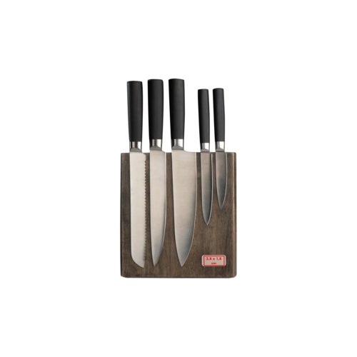 Ceppo portacoltelli in legno con sei coltelli in acciaio inox.