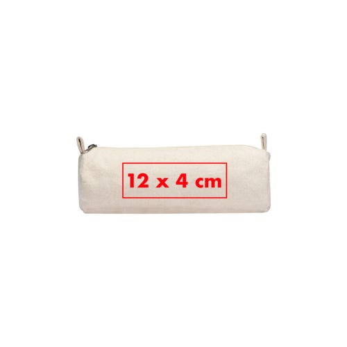 Astuccio beige in tessuto con cerniera.