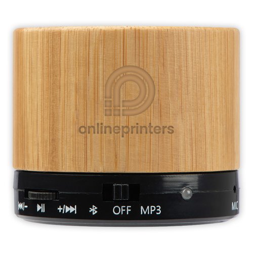 Altoparlante Bluetooth in legno chiaro con pannello di controllo.