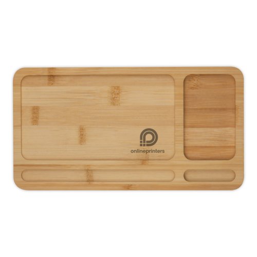 Organizzatore da scrivania in bamb chiaro con caricabatterie wireless.