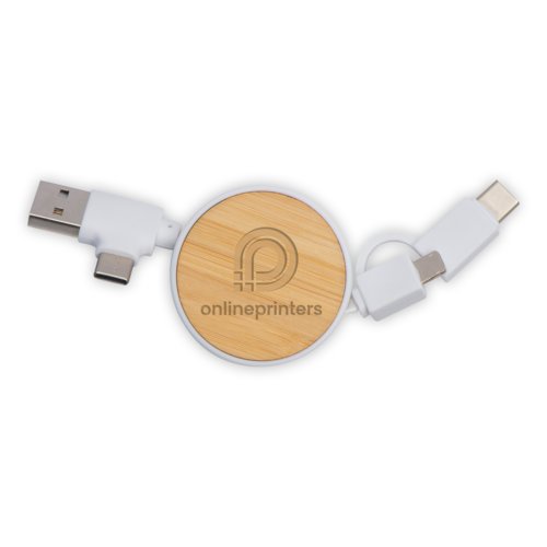 Cavo di ricarica bianco con custodia in bamb e connettori multipli.