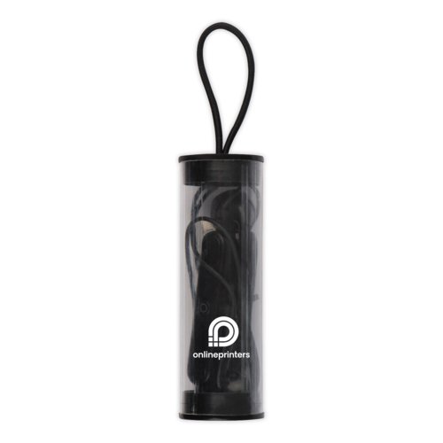 Cuffie Bluetooth nere con custodia di ricarica.