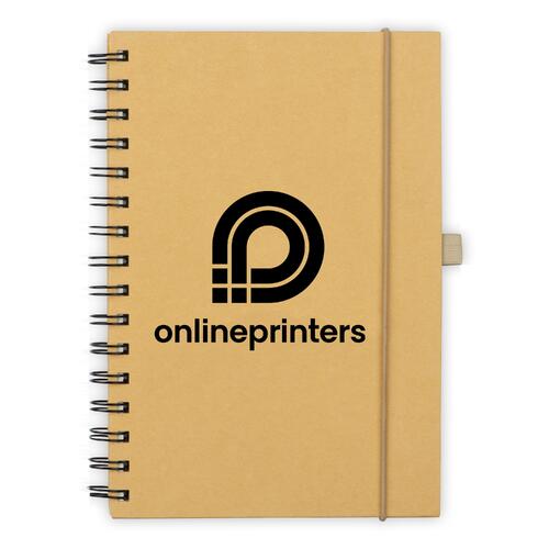 Quaderno marrone con chiusura elastica e rilegatura a spirale.