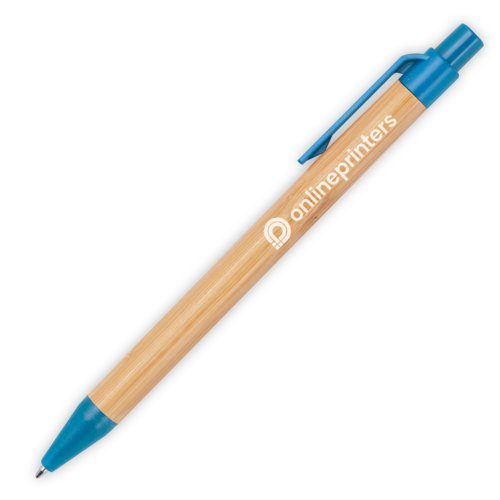 Penna a sfera in bamb blu con clip e meccanismo a pressione.