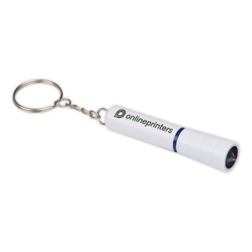 Portachiavi bianco con luce LED e anello in metallo.
