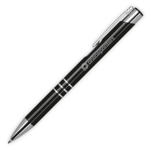 Penna a sfera in metallo nero con clip e meccanismo a pressione.
