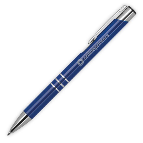 Penna a sfera in metallo blu con clip e meccanismo a rotazione.