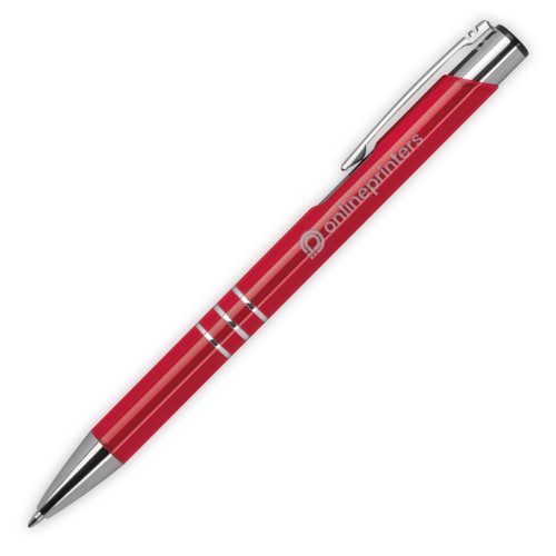 Penna a sfera in metallo rosso con motivo, clip e meccanismo a scatto.