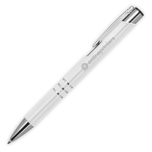 Penna a sfera in metallo bianco con clip e pulsante.