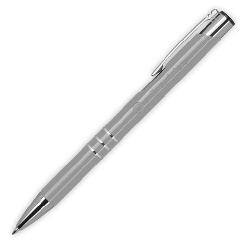 Penna a sfera in metallo grigio con clip e meccanismo a pressione.