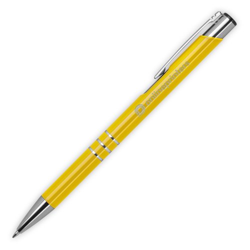 Penna a sfera in metallo giallo con clip e meccanismo a pressione.
