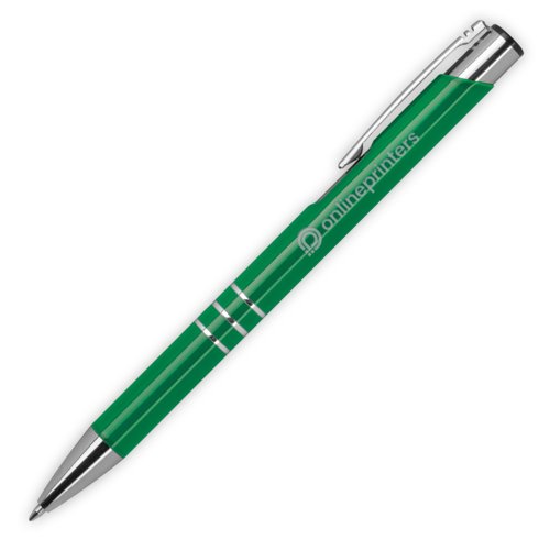 Penna a sfera in metallo verde con clip e meccanismo a pressione.