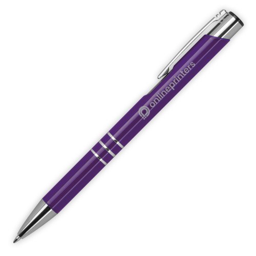 Penna a sfera in metallo viola con clip e meccanismo a pressione.