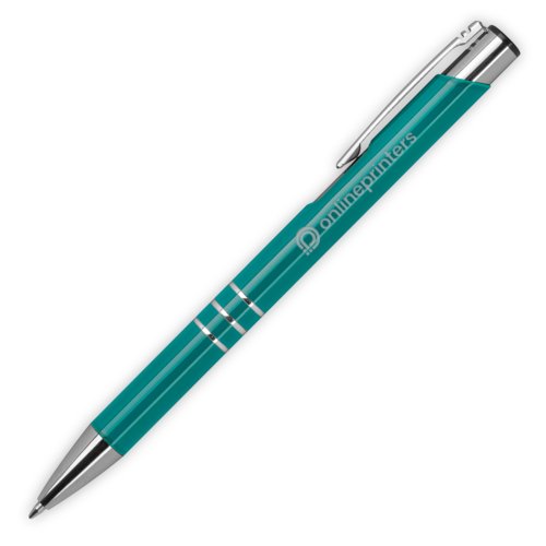 Penna a sfera in metallo turchese con clip e pulsante.