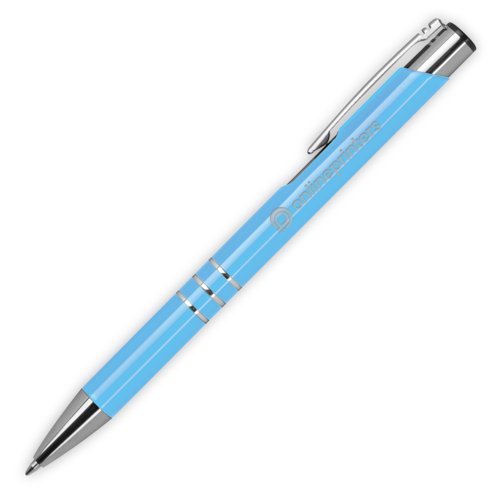 Penna a sfera in metallo azzurro con clip e pulsante.
