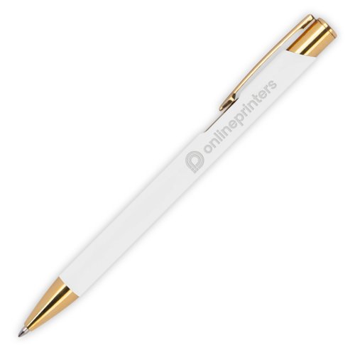 Penna a sfera in metallo bianco con motivo, clip e meccanismo a scatto.