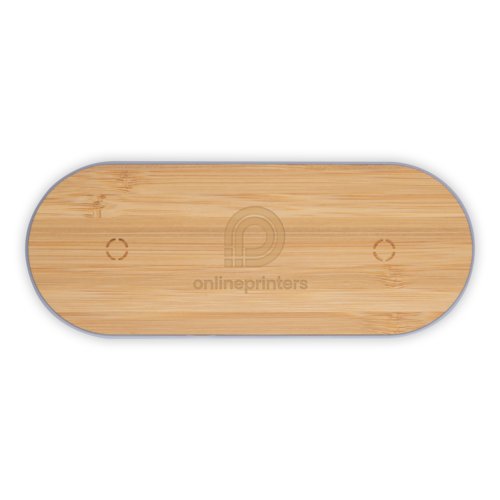 Stazione di ricarica a induzione in legno con design oblungo.