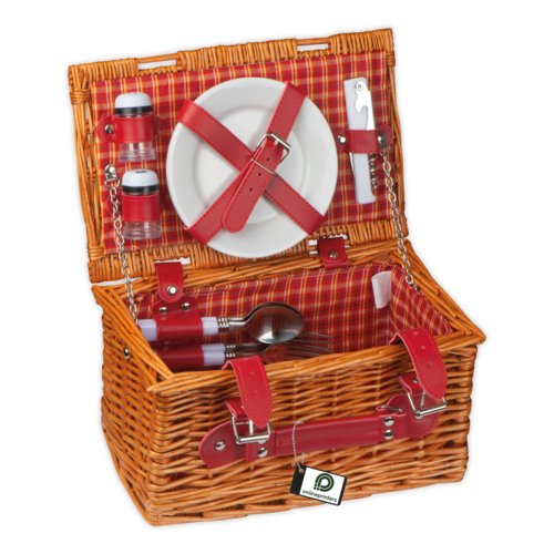 Cesto da picnic in vimini color naturale con maniglia.