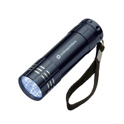 Lampada LED in metallo nero con cinturino da polso.