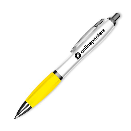 Penna a sfera gialla in plastica con clip.