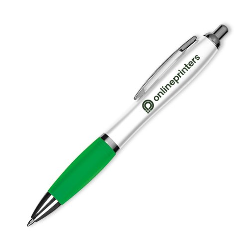 Penna a sfera in plastica verde con clip e pulsante.