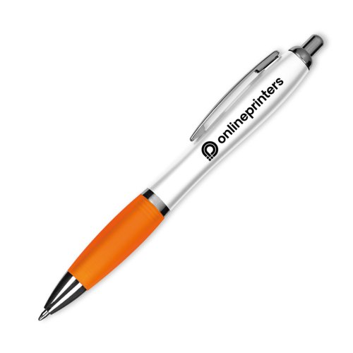 Penne a sfera arancione in plastica con clip e pulsante.