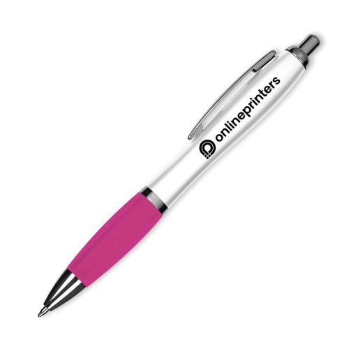 Penna a sfera in plastica rosa con clip e meccanismo a pressione.