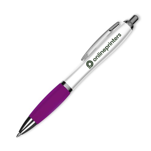 Penna a sfera in plastica viola con clip e meccanismo a pressione.