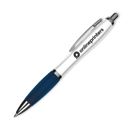 Penna a sfera blu scuro con clip e pulsante.